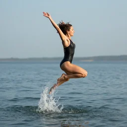 woman jumping at water, fast shutter speed, high speed, action photo, 1 / 1 0 0 0 sec shutter