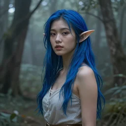 beautiful young Asian elf woman with blue hair in a hazy forest at dusk, by Frank Frazetta