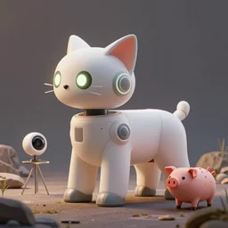product photo of a futuristic stylized robot pet, minimalistic kindchenschema, by artgerm and greg rutkowski and marc newson and zaha hadid, alphonse mucha, samsung apple webcam, excited playful, matte glossy materials, neon, kitten!! puppy pig!! otter ( ( fennec ) ) inspired. side view, volumetric light, detailed, octane render, midsommar