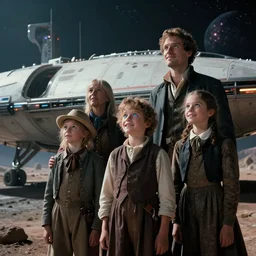 sharp, highly detailed, film from a modern sci fi 8 k color movie, set in 1 8 6 0, family standing outside a spaceship on a strange alien planet, looking happy, wearing 1 8 5 0 s era clothes, atmospheric lighting, in focus, reflective eyes, 3 5 mm macro lens, live action, nice composition, good photography