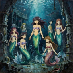baroque oil painting of key visual portrait concept art of anime mermaids in a underwater prison, brutalist, dark fantasy, rule of thirds golden ratio, fake detail, trending pixiv fanbox, acrylic palette knife, style of makoto shinkai studio ghibli genshin impact jamie wyeth james gilleard greg rutkowski chiho aoshima