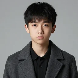a teen with black short hair and dark brown eyes wearing a formal overcoat, hyperrealistic, high quality, high detail, 8k, portait photo