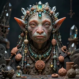 hyper realistic portrait of postapocalyptic elf goblin, glass beads, clay amulets, magic artifacts, trinkets, cinematic, symmetric, dark crystal, artstation, cgsociety, brian froud, alan lee, jean baptiste monge, scott radke