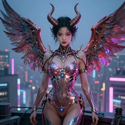 portrait futuristic Devil Girl with horns and wings, in future cyberpunk tokyo rooftop , ssci-fi, fantasy, intricate, very very beautiful, elegant, human anatomy, neon light, highly detailed, digital painting, artstation, concept art, smooth, sharp focus, illustration, art by tian zi and WLOP and alphonse mucha