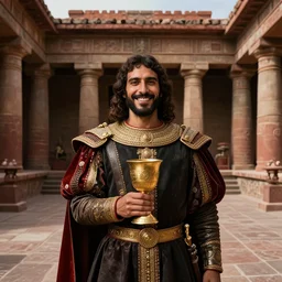 smiling spanish conquer soldier francisco pizarro holding golden cup on a inca temple, wide view, high detailed, full perfect, symmetrical portrait, high detail, by craig mullins, peter mohrbacher, unreal engine, octane rendered, 8 k, dark beauty, trending on artstation