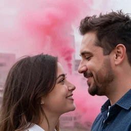 a close up of a smiling couple of parents to be, in front of 9 / 1 1 with pink smoke