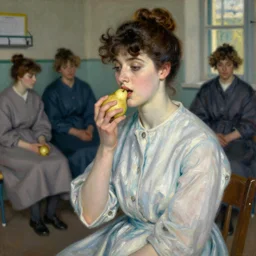 vintage beautiful painting of a beautiful woman eating a pear in a sanatorium along with a few other patients in Mary Cassatt style