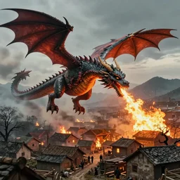 A dragon breathing fire down upon a village,
