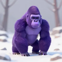 a purple gorila in snow, low poly scene render