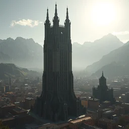 enormous brutalist gothic tower dedicated to mushroom god, a monumental tower inspired by amanita muscaria, standing against sunlit mountains and a huge old city, 8 k, artstationhq, rtx on, cinematic, octane render, dark surrealism, highly detailed by peter mohrbacher, hajime sorayama, wayne barlowe, boris vallejo, aaron horkey, gaston bussiere, craig mullins