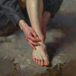 Soul leaving body after stubbing toe, throbbing, hurt, ouch, oil painting