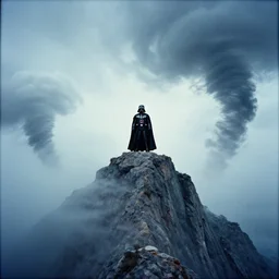 darth vader on top of a tall mountain, blue fog, tornadoes surrounding, film photography, soft lighting, vignette