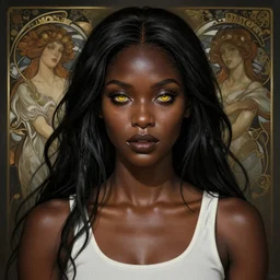 a beautiful African American woman with long black hair, yellow eyes, gothic, intricate, elegant, dramatic lighting, gorgeous face, white tank top, highly detailed, lifelike, photorealistic, digital painting, artstation,  illustration, concept art, smooth, sharp focus, art by John Collier and Albert Aublet and Krenz Cushart and Artem Demura and Alphonse Mucha