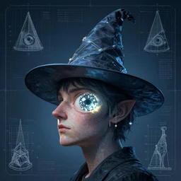 portrait of triangle shaped head wearing wizard hat with single centered giant diamond eye, in the style of Greg Broadmore and Arthur Rackham,trending on artstation, light lighting side view,digital art,surrealism ,macro,blueprint ,vaporwave ,