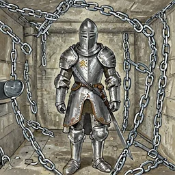 there is a knight covered in chains in a dirty filthy basement. the knight is in the center of the room. the basement is wet and dark.