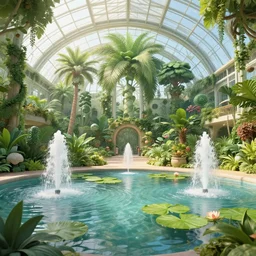 Matte painting of the interior view of giant botanical museum. Water fountains and lily pads. Fantastical, detailed digital art trending in artstation