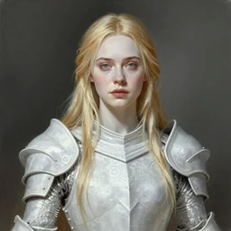 a professional painting of Elle Fanning, clothed in ethereal armor, porcelain white skin, long blonde hair, beautiful bone structure, symmetrical facial features, intricate, elegant, digital painting, concept art, smooth, sharp focus, illustration, from Dark Souls, by Edward Hopper and Johannes Vormeer and Artgerm and William-Adolphe Bouguerea