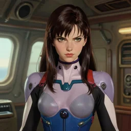 intense demeanor. close detailed digitally painted portrait. ship interior bg. screenshot of a scene in metroid zero of pretty beautiful woman by norman rockwell. character designed by hideaki anno. bodysuit. lustrous hair. lighting by james gurney. trending on artstation. masterpiece. artgerm mucha rutkowski.