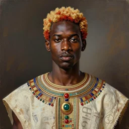 a professionally painted african male model , clothed in ancient street wear, dark skin, reddish gold hair, beautiful bone structure, big symmetrical scar features, stunningly, beautiful, intricate, elegant, digital painting, smooth, sharp focus, illustration, made by Kehinde Wiley, Kara Walker, Jacob Lawrence, Sam Gilliam, Edmonia Lewis,