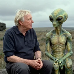 david attenborough seated across from an extraterrestrial green space alien creature interview still from television documentary