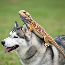bearded dragon riding the back of a siberian husky, photorealistic