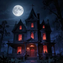 in the style of tim jacobus goosebumps, gerald brom, j. c. leyendecker, spooky house, upward angle, night time, blood moon