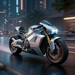 off angle beautiful Product shot film still of a halo Mass effect futuristic modern electric tron motorcycle speeding down a wet street at night in cyperpunk city, motion, hard surface modeling, blade runner, octane, Ian Callum, Giorgetto Giugiaro, Leonardo Fioravanti , low polygon, chrome, trending on artstation, art by Karol Bak, Karol bak pastiche by Peter Mohrbacher, unreal, redshift, 3d model, 8k