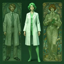 a full body character design by artgerm, cushart krenz, greg rutkowski and alphonse mucha. mad scientist woman lab coat!! green plasma laser!! symmetrical gear background!! electrical face sharp edges. ultra clear detailed. 8 k. ultra detailed, elegant, intricate, octane render.