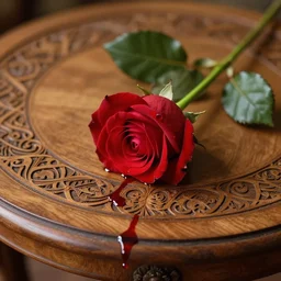 a single red rose is on a wooden table with delicate carved filigree and drops of blood, close up view, dramatic lighting, DOF, art nouveau, intricate artwork by Raymond Swanland and Ruan Jia