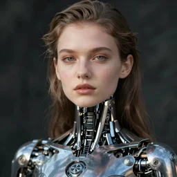 close - up portrait of beautiful young woman with cybernetic dress, art by frank horvat photography