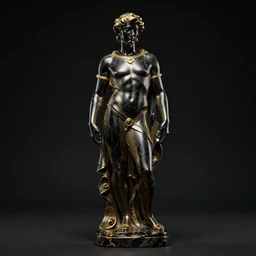 stylized onyx black gold lines dark severe lighting ornate statue full body made of marble of judas, perfect symmetrical body, perfect symmetrical face, hyper realistic, hyper detailed, by johannen voss, by michelangelo, octane render, blender, 8 k, displayed in pitch black studio room