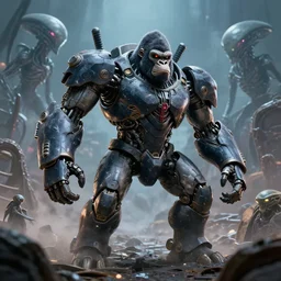 a gorilla cyborg mecha fighting alien invaders. movie.