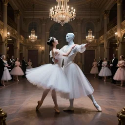 two ghosts dance ballet in a victorian era grand ballroom, beksinski, dariusz zawadzki, very coherent symmetrical artwork. cinematic, hyper realism, high detail, octane render, 8 k