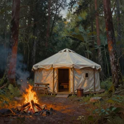 a beautiful painting of a round sweat lodge hut in a forest next to a campfire, matte painting, art by christophe vacher