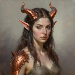A detailed oil portrait of an elf woman with small copper devil horns and copper scales covering her arm and neck, by greg rutkowski, trending on artstation, dungeon and dragons art