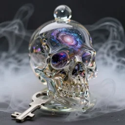 beautiful cthulhu skull with galaxies inside. small ornament. glass and smoke. subject photography. macro. soft key