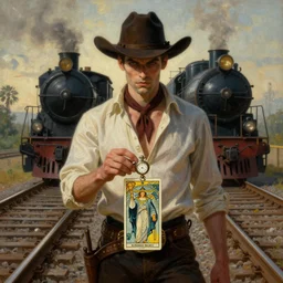 a dramatic ethereal epic symmetrical painting of a handsome villainous cowboy standing in front of railroad tracks with a train locomotive | his shirt is unbuttoned and he has a pocketwatch | tarot card, art deco, art nouveau, steampunk, homoerotic, realistic | by Mark Maggiori and ((((Alphonse Mucha))) | trending on artstation