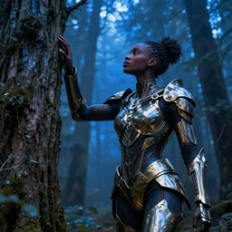 hyperrealistic very beautiful! black woman with detailed exoskeleton armor, touching tree in a forest, digital art masterpiece brad kunkle, kay sage dramatic blue light low angle hd 8k sharp focus