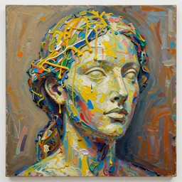 palette knife painting of a gigantic three - dimensional thick impasto oil painting / sculpture in the shape of an woman's hollow head, lots of thick encrusted paint, lots and lots of wax - like lines of dripping oil paint cover nearly everything, painted by jackson pollack and frank auerbach, background thick encrusted paint, limited palette