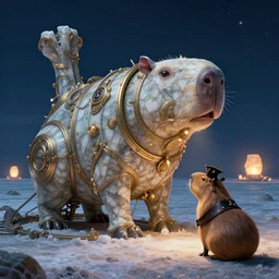 groot fantasy illustration of a Birth Machine, Capybara pirate, keeping vigil over the salt flats, lights in the night, highly detailed, soft lighting, rendered in octane, masterpiece, very very very aesthetic, exquisite marble details