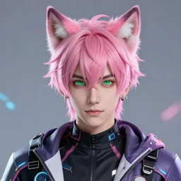 a beautiful headshot portrait of a handsome anime male boy with pink hair and pink wolf ears and green eyes wearing cyberpunk clothes. character design by cory loftis, fenghua zhong, ryohei hase, ismail inceoglu and ruan jia. artstation, volumetric light, detailed, photorealistic, fantasy, rendered in octane