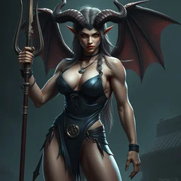 a female muscular devil with horns, wearing leather bikini, holding trident, by thomas cole and wayne barlowe 8 k, high detail, fantasy art, dnd, artstation,