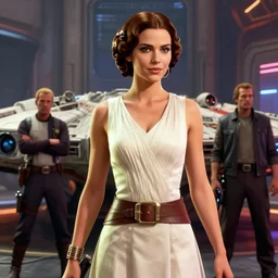 portrait of princess leia on the millennium falcon, star wars, gta v, hyper realistic, glamorous pose, ambient lighting, concept art, intricate, hyper detailed, smooth, action, volumetric lighting, george lucas, arney fretag, ralph mcquarrie, octane