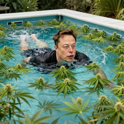 elon musk swimming in a pool filled with marijuana