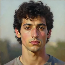 oil painting by ilya kuvshinov, baugh casey, rhads, coby whitmore, of a persian - indian college student, young clean shaven freddie mercury, fair olive skin, refined features, high cheekbones, handsome, curly black hair, outdoors, highly detailed, breathtaking face, studio photography, dawn, intense subsurface scattering, blush, supple look, innocence, intense sunlight