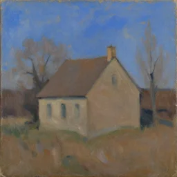 expressive medium shot landscape with house, blue and brown background, oil painting, impasto, muted colors, artwork by lucian freud, arnold bocklin, ossip zadnike