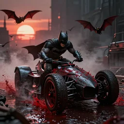 The Batman Who Laughs and His Psycho Batcycle In A Dimly Lit Misty Sewer, red fluid, bats, sunset, volumetric lighting, hyperrealistic, beautiful details, HDR, octane render, action shot, wide angle, bokeh, Yasushi Niarasawa Moebius Giger Style