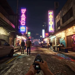 night time scene in a urban market in guatemala with bright colorful neon advertising and graffiti all over the place with cyberpunk aesthetic and visually like gta v with game of the year edition graphics with bloom and lightshaft, with first person view