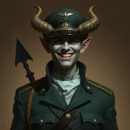gorgeous happy devil in military uniform by tom bagshaw, by beeple, soft lighting, solid background,