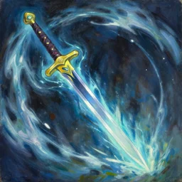 classical oil painting of anime environment concept art featuring a sword enchanted with wind and energy, weapon showcase, fantasy, trending on artstation, stylistic, brush strokes, oil, canvas, by kawacy and makoto shinkai